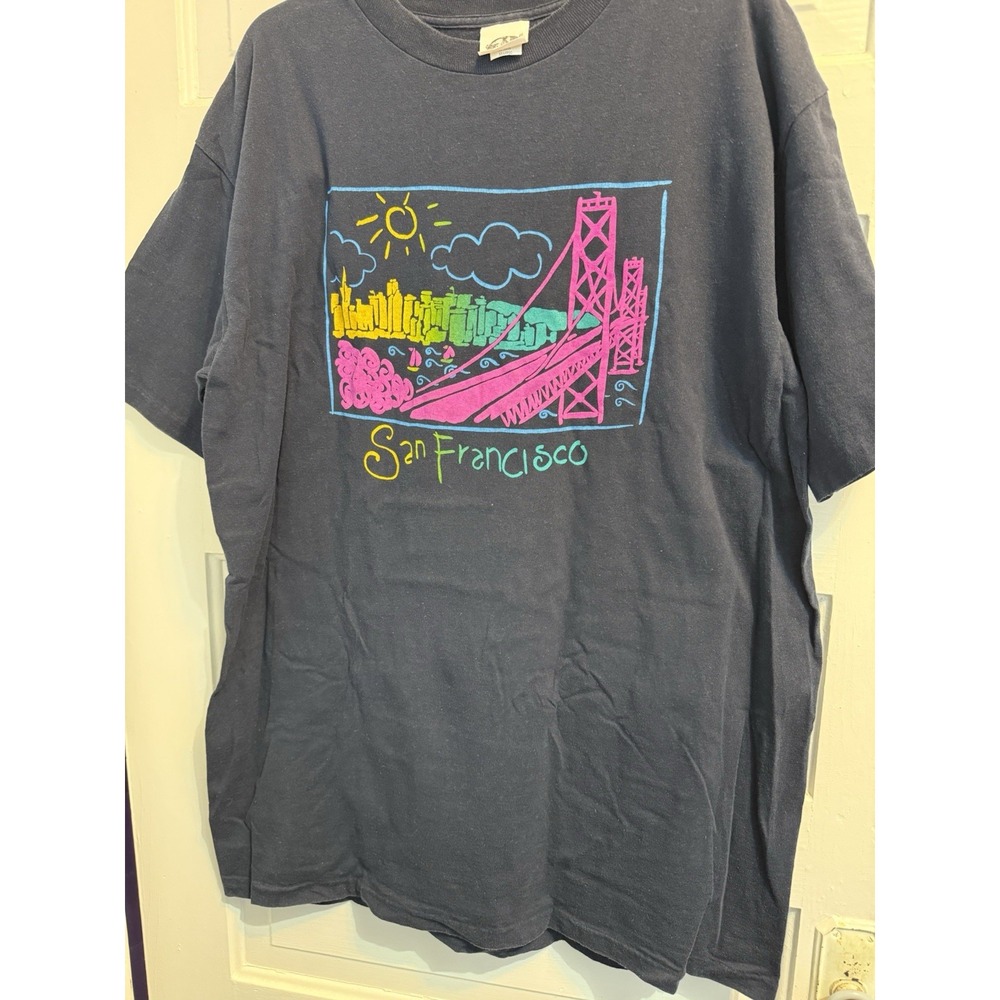 Vintage 90s Wear On Earth San Francisco T Shirt XXL Golden Gate Neon Skyline Y2K - Picture 5 of 10